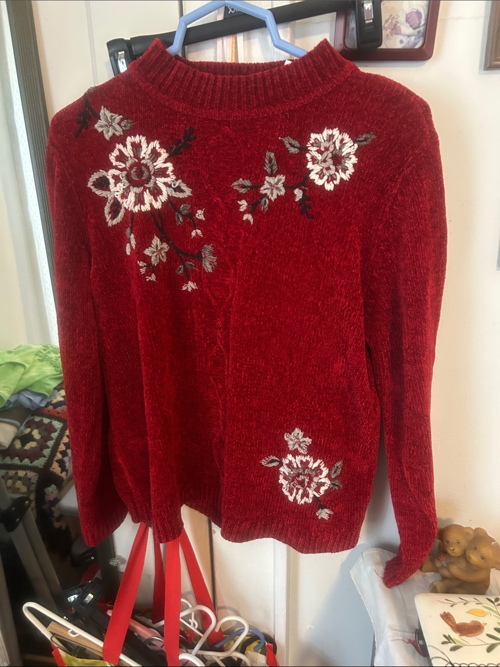 Alfred Dunner Red Chenille Floral Crewneck Sweater